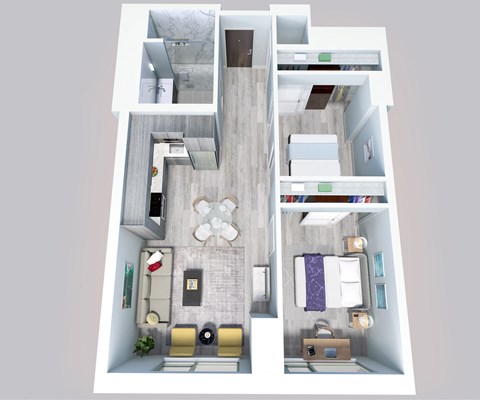 a floor plan of a studio apartment with a bedroom and living room